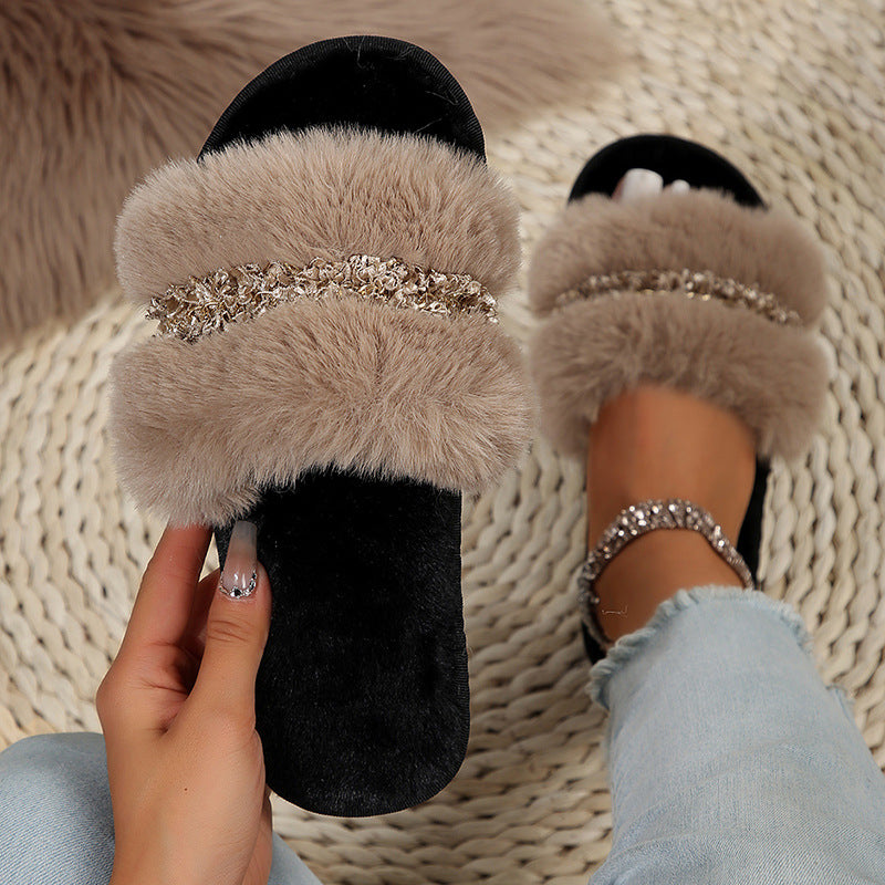 European chain flat fleece-lined thick bottom slippers women's indoor and outdoor winter new cotton slippers a generation of women