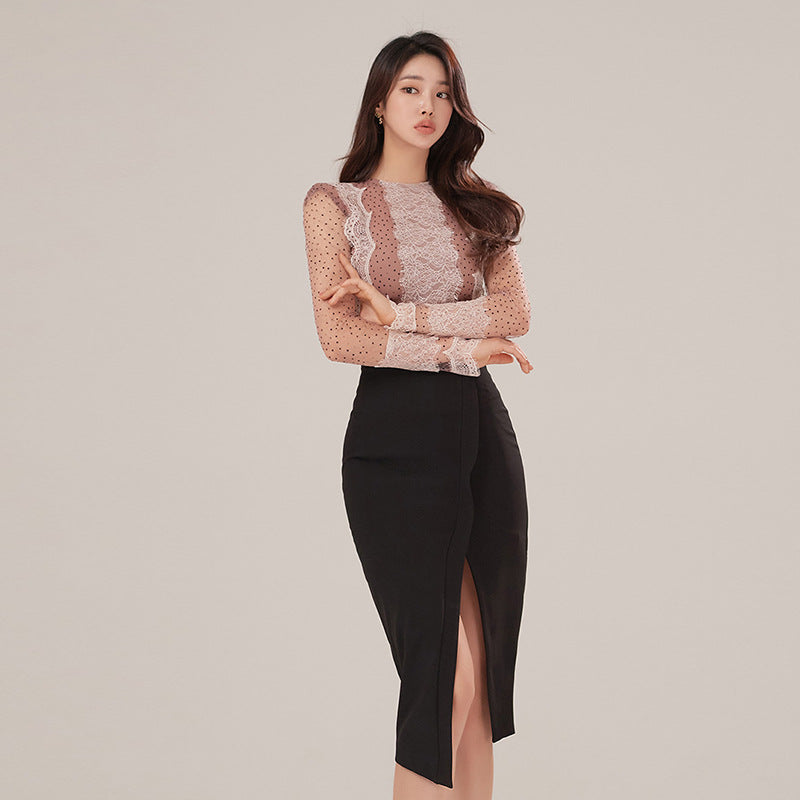 Foreign Trade Women's Clothing 2025 Spring and Summer Round Neck Sexy Polka Dot Mesh Slim Top + High Waist Slim Slit Hip Skirt