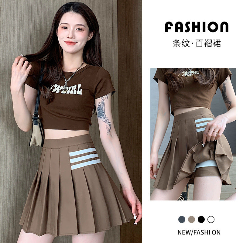 Black Pleated Skirt Summer Women's A- line High Waist New Pleated Skirt Striped Small College Style jk Skirt