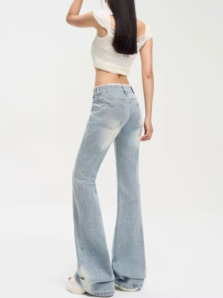 Washed Blue American Style Bootcut Pants for Women 2025 Autum New Lace Splicing Versatile Slimming Look Low-Waist Retro Jeans
