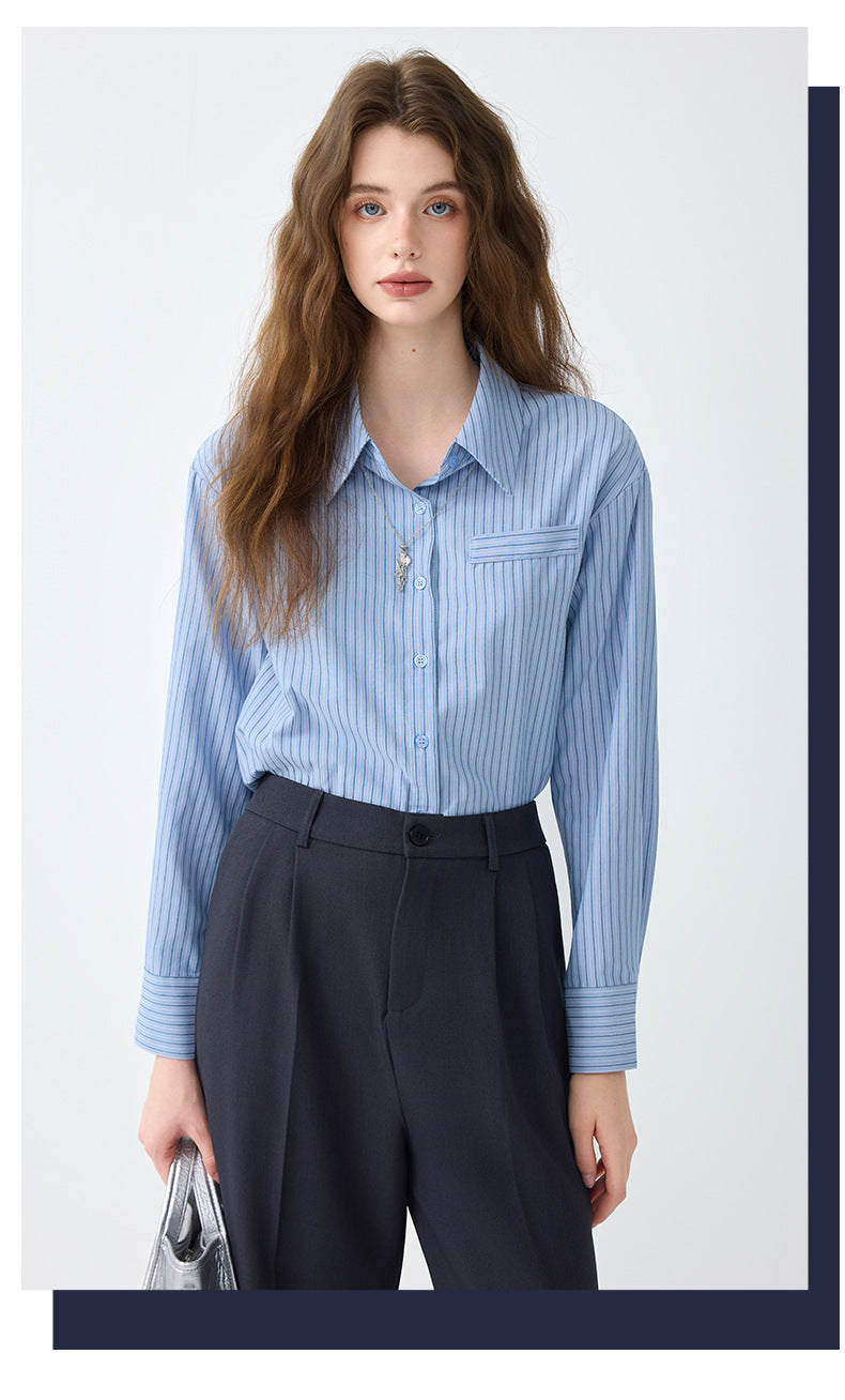 Light Workplace Blue Striped Long-Sleeved Shirt for Women, Spring and Autumn Design Professional Shirt, Commuting Versatile Top
