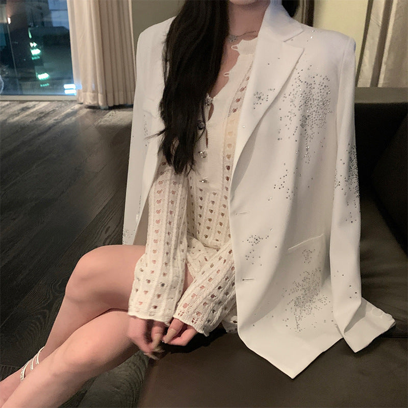 Dinner Party Celebrity Fine Glitter Hot Diamond Silhouette Suit Exquisite Niche Shoulder Pad Jacket Suit for Women New