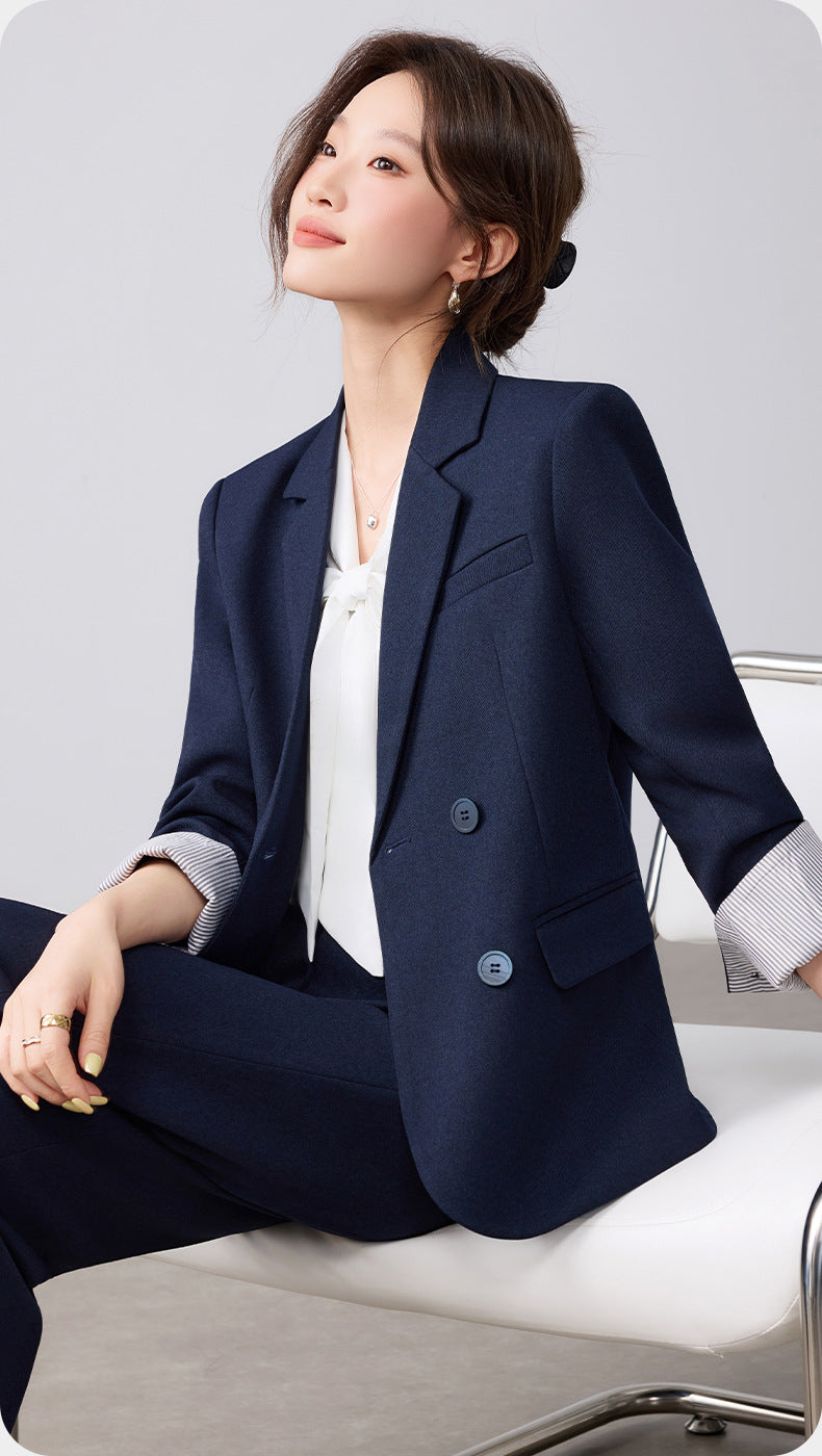 Cross-Border Fashion Simple Double-Breasted Suit Set for Women, New Design with High-End Elegance and Goddess-Like Style, Long-Sleeve Blazer