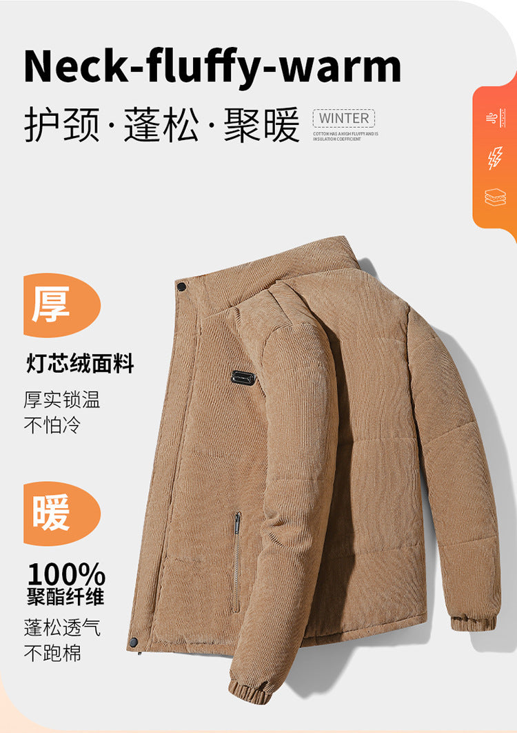 Thickened corduroy cotton-padded jacket for autumn and winter men's warm neck protection stand collar cotton-padded jacket European and American plus size fashionable cotton-padded jacket