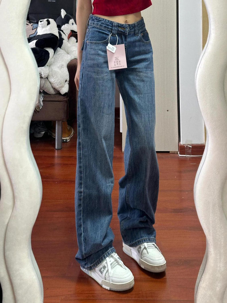 High-Waisted Loose Straight-Leg Jeans for Women, Autumn New Blue Petite Slim-Fit Narrow Wide-Leg Pants