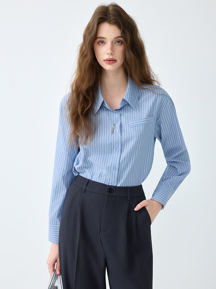 Light Workplace Blue Striped Long-Sleeved Shirt for Women, Spring and Autumn Design Professional Shirt, Commuting Versatile Top