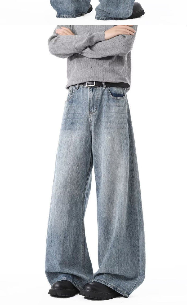 Spring and Autumn American Retro Blue Versatile Wide-Leg Men's Jeans, Stylish Hip-Hop Loose Petite Drape Straight Pants