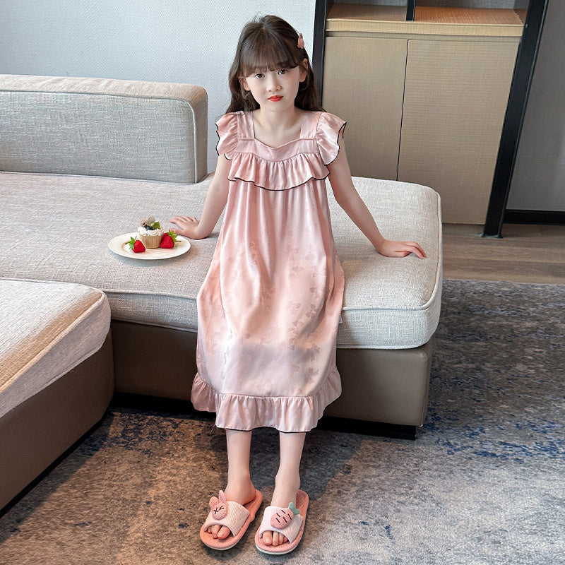 Girls' Summer Ice Silk Jacquard Butterfly Nightgown 2025 New Western Style Children's Thin Pajamas Large Children's Home Clothes