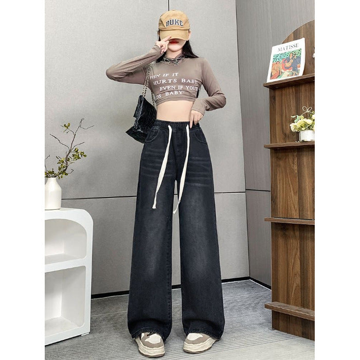 Spring and Summer High-Waisted Wide-Leg Floor-Length Pants for Women, Slim and Versatile Korean Style Student Elastic Waist Drawstring Jeans Large Size