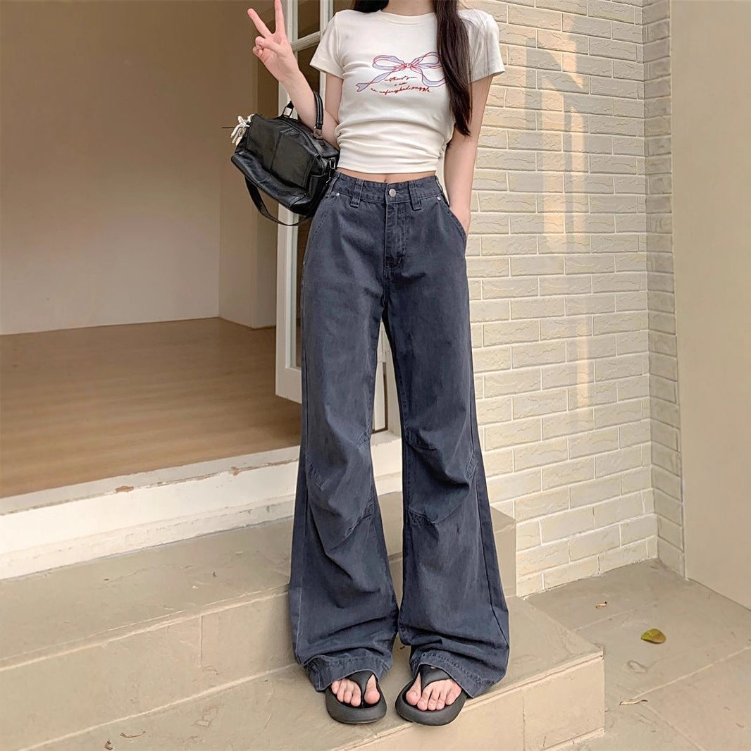 American Retro Design Workwear Jeans for Women New High Street Personalized Pleated Loose Straight Casual Pants