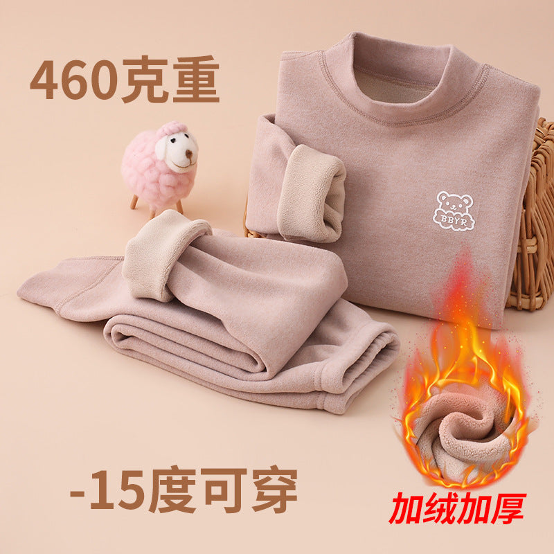 Autumn and winter fleece-lined children's clothing large children's mid-collar autumn pants children's inner warm bottoming shirt children's home clothing suit