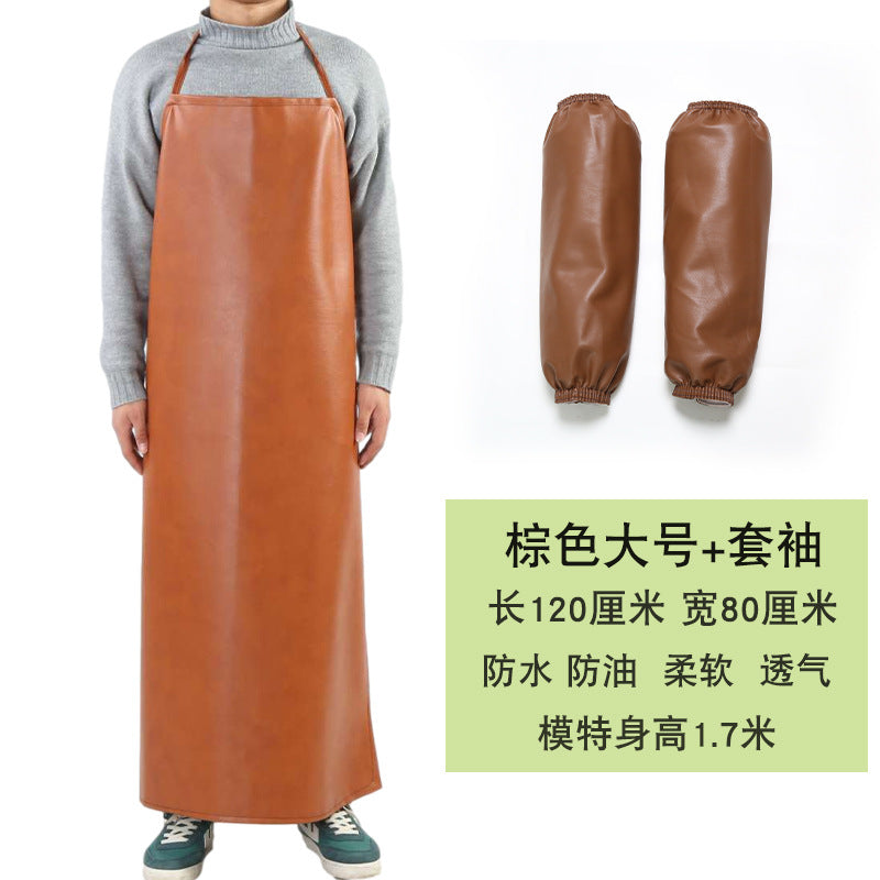 Leather Waterproof Apron Oil-proof Kitchen Neck PU Household Adult Barbecue Leather Bib for Men and Women Lengthened Thickened Bib