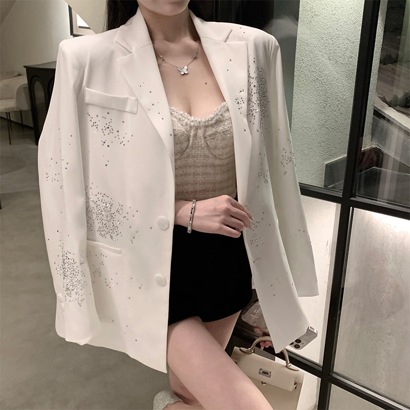 Dinner Party Celebrity Fine Glitter Hot Diamond Silhouette Suit Exquisite Niche Shoulder Pad Jacket Suit for Women New
