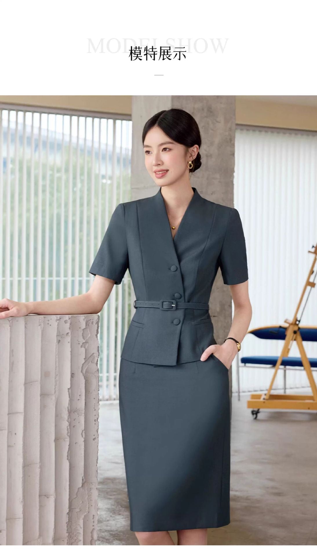 Summer New Design V-Neck Professional Women's Skirt Suit in Gray-Green, Slim-Fit and Flattering, Suitable for Reception and Work Attire