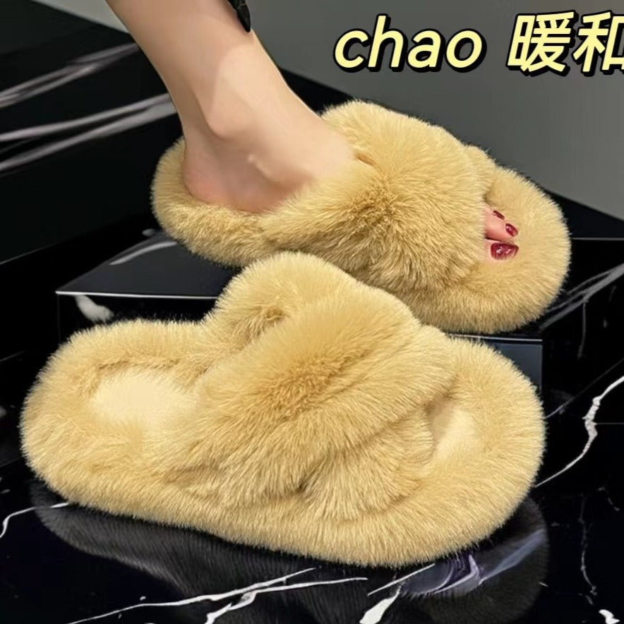 2024 Korean Style Women's Home Maomao Slippers New Autumn and Winter Warm Home Thick Bottom Maomao Slippers Internet Celebrant