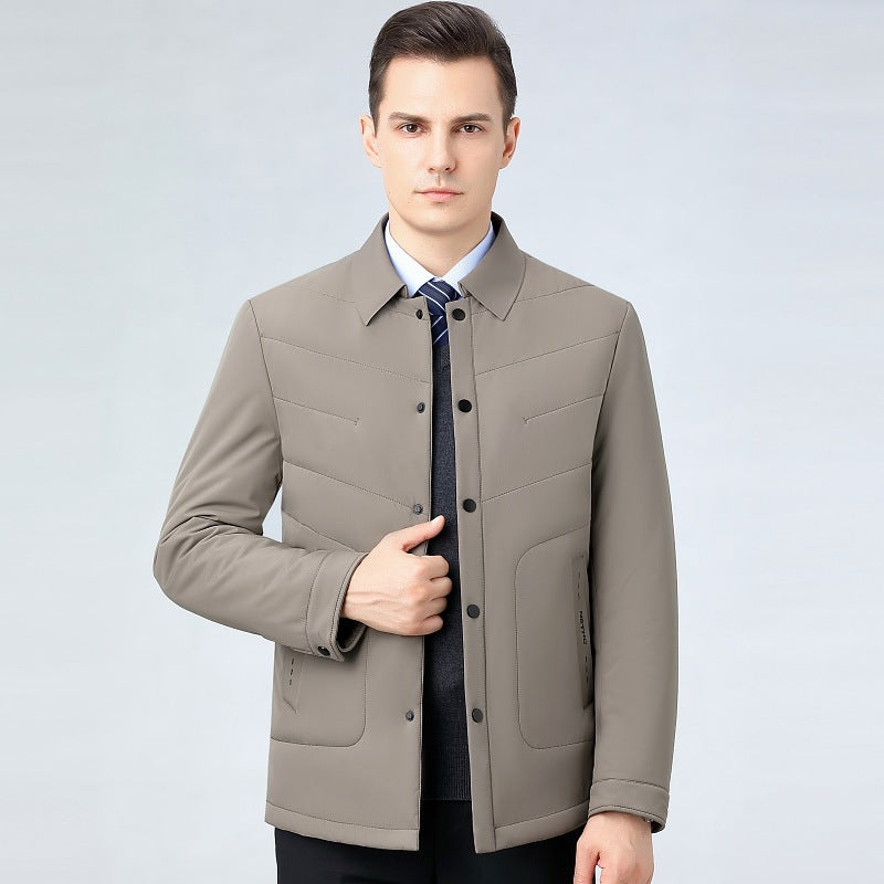 2025 Winter Mulberry Silk Men's Cotton Jacket with Turn-Down Collar, Quilted Middle-Aged Business Casual Cotton Coat for Dad