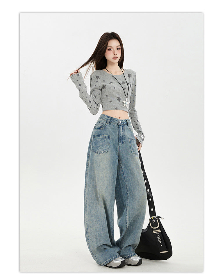 Raccoon House # American Retro Design Embroidered Jeans for Women 2025 Autumn New High-Waisted Loose Wide-Leg Pants Trendy