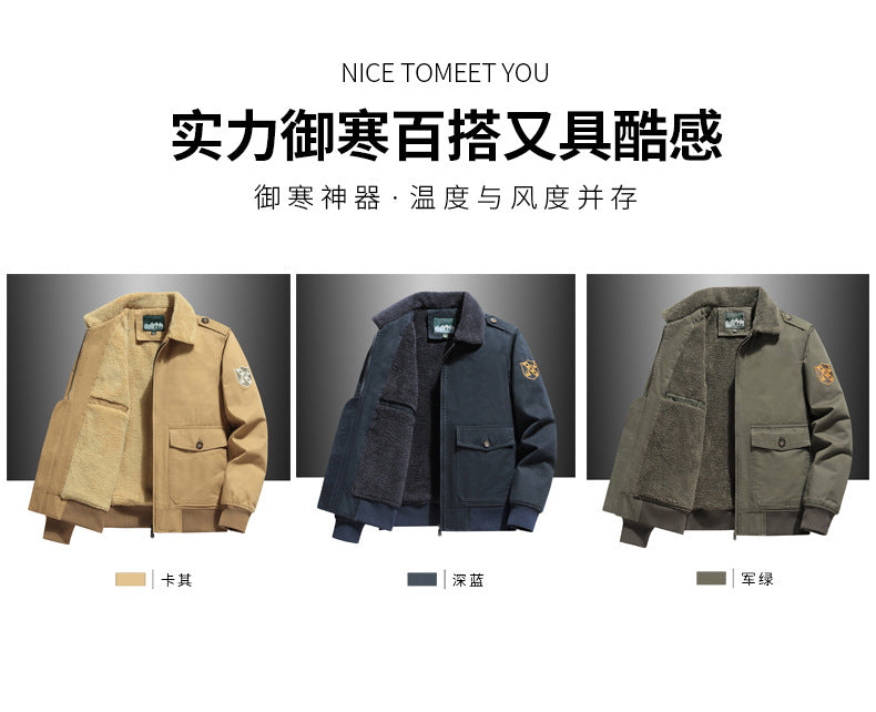 New Lamb Wool Jacket Men's Winter Thickened Wool Collar fleece-lined Overalls Cotton-padded Jacket Men's Jacket Casual Cotton-padded Jacket Aviator