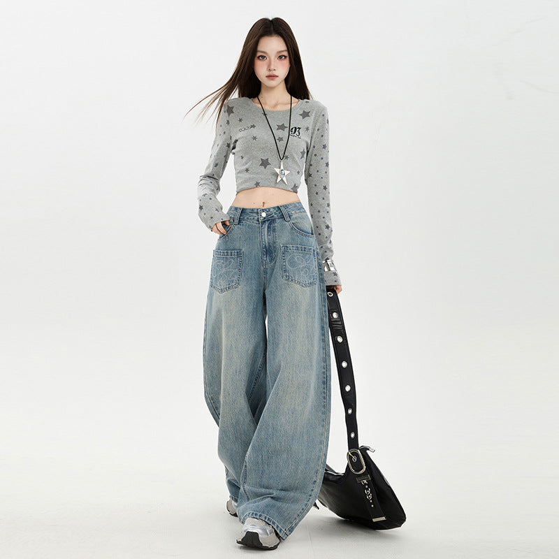 Raccoon House # American Retro Design Embroidered Jeans for Women 2025 Autumn New High-Waisted Loose Wide-Leg Pants Trendy