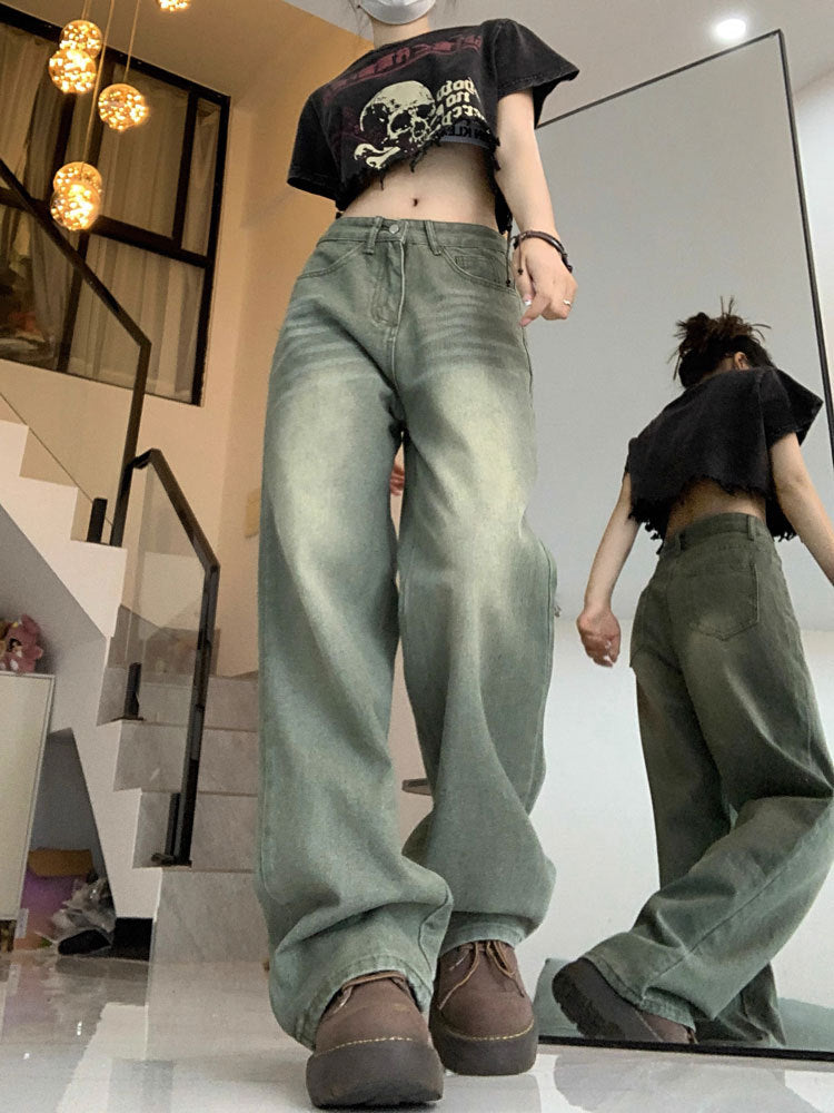 2025 Spring and Autumn Retro American High Waist Slim Straight-Leg Jeans Fashion Women's Loose Floor-Length Wide Leg Long Pants