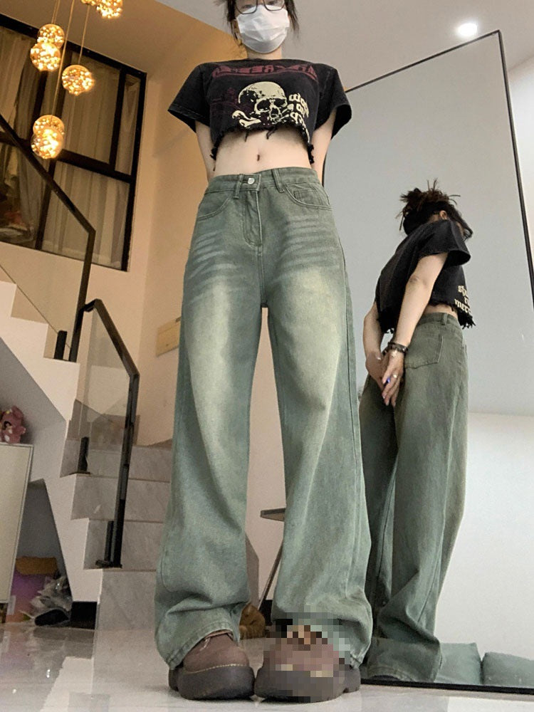 2025 Spring and Autumn Retro American High Waist Slim Straight-Leg Jeans Fashion Women's Loose Floor-Length Wide Leg Long Pants