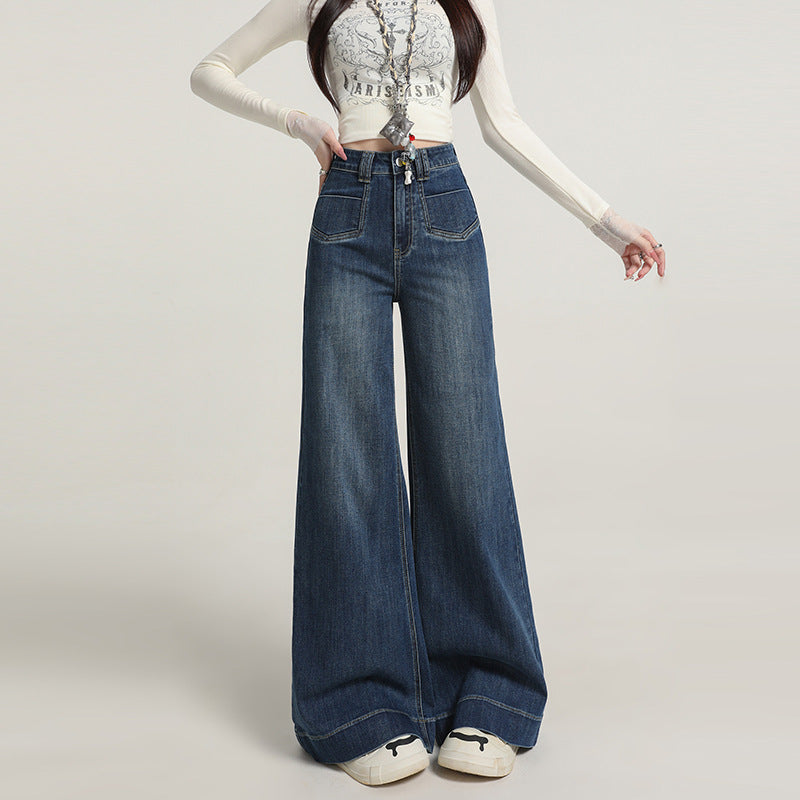 Retro American Style Denim Blue Flared Jeans for Women 2025 Autumn New Slimming Versatile Bootcut Pants