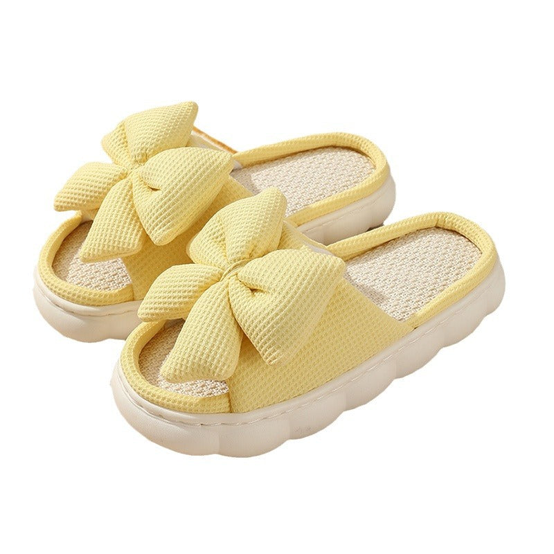 Cross-Border Foreign Trade Bow-Knot Linen Slippers for Women, Summer Home Breathable Non-Slip Comfortable Casual Indoor Thick-Soled Linen Slippers for Women