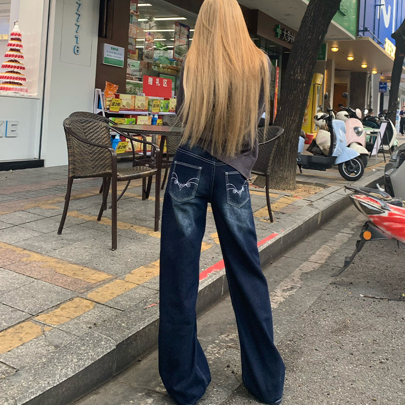 American-Style Embroidered Dark Blue Denim Wide-Leg Pants for Women, New Autumn and Winter Design, Lazy Versatile Casual Drape Straight-Leg Pants