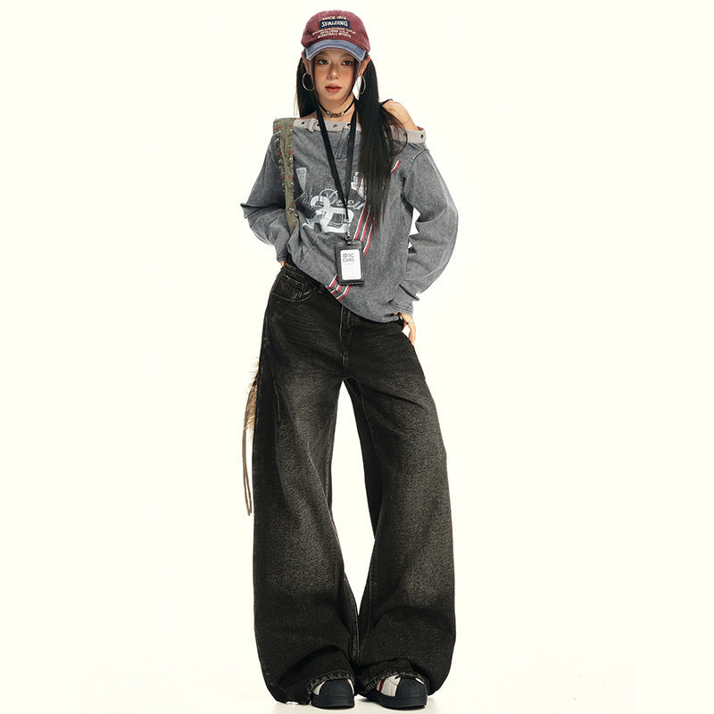 American Retro Wide-Leg Jeans for Women 2025 Early Autumn New Design Distressed Slimming Straight-Leg Floor-Length Pants