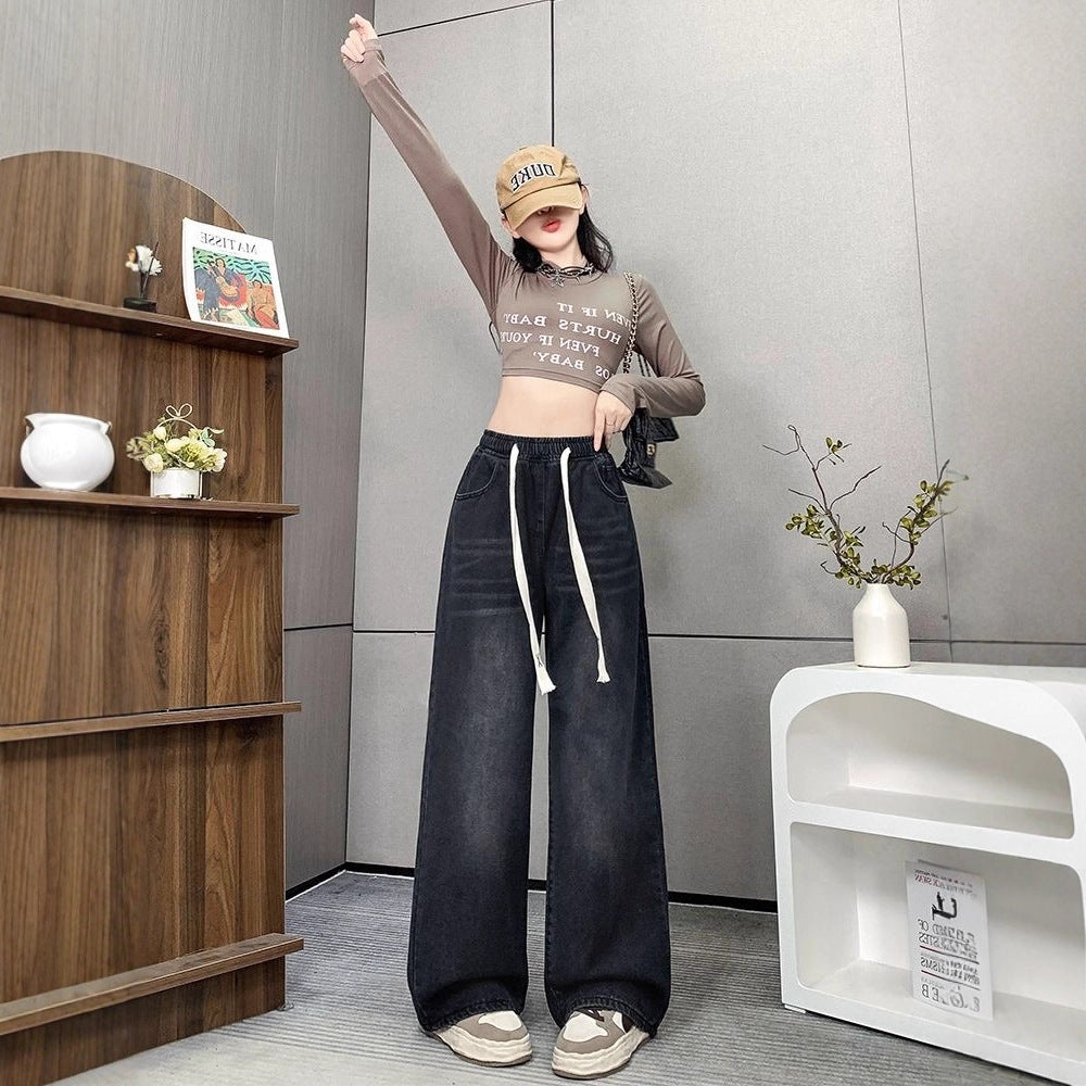 Spring and Summer High-Waisted Wide-Leg Floor-Length Pants for Women, Slim and Versatile Korean Style Student Elastic Waist Drawstring Jeans Large Size