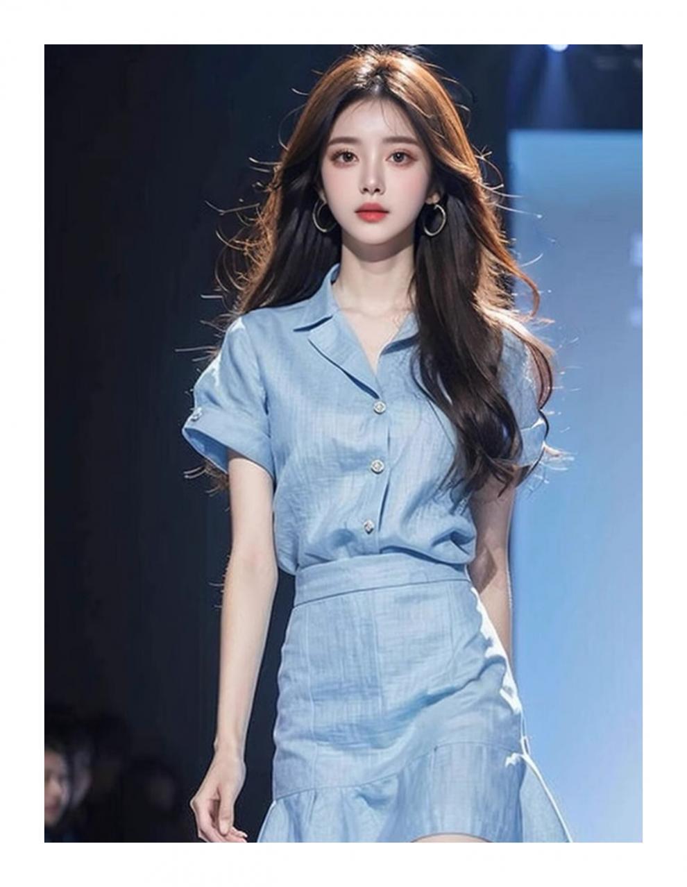 Foreign trade women's clothing age-reducing foreign-style fashion this year popular beautiful small fragrant style professional blue top skirt two pieces