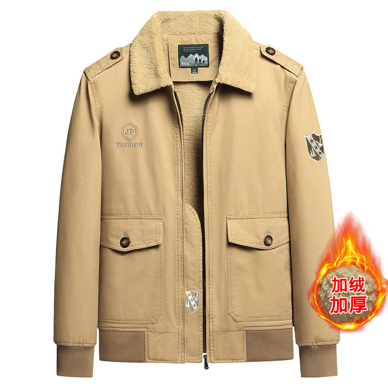 New Lamb Wool Jacket Men's Winter Thickened Wool Collar fleece-lined Overalls Cotton-padded Jacket Men's Jacket Casual Cotton-padded Jacket Aviator
