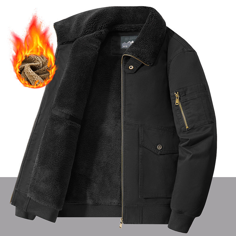 2024 Autumn and Winter Cross-Border Cotton-Padded Jacket with Fleece Lining, Thickened for Warmth, Large Size Windproof and Cold-Resistant Casual Turn-Down Collar Coat