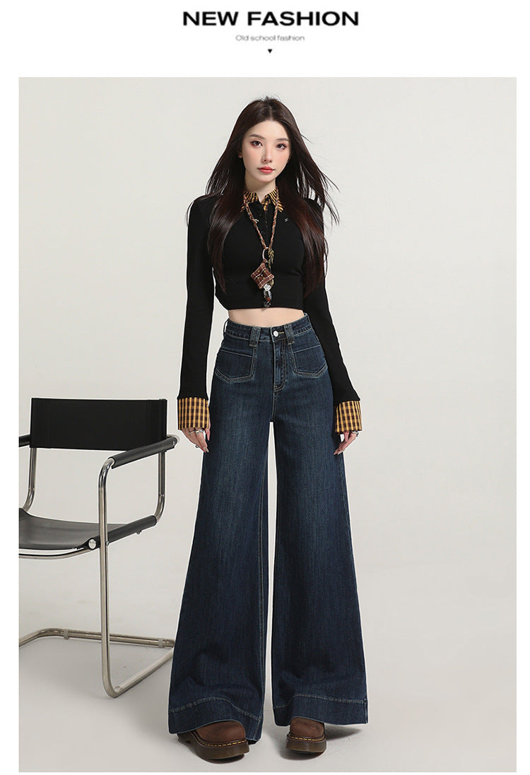 Retro American Style Denim Blue Flared Jeans for Women 2025 Autumn New Slimming Versatile Bootcut Pants