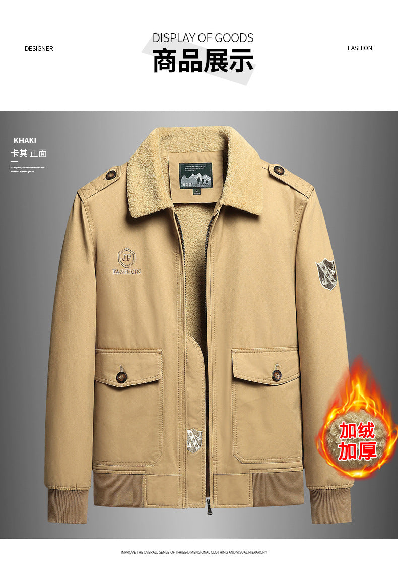 New Lamb Wool Jacket Men's Winter Thickened Wool Collar fleece-lined Overalls Cotton-padded Jacket Men's Jacket Casual Cotton-padded Jacket Aviator