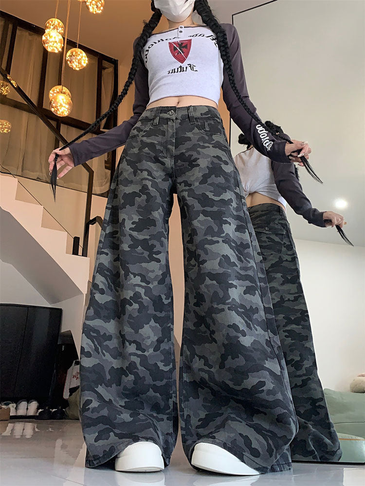 Plus Size Workwear Wide-Leg Camouflage Jeans for Women, Autumn American Style, Loose Retro Drape, Lazy Straight Pants for Chubby Women