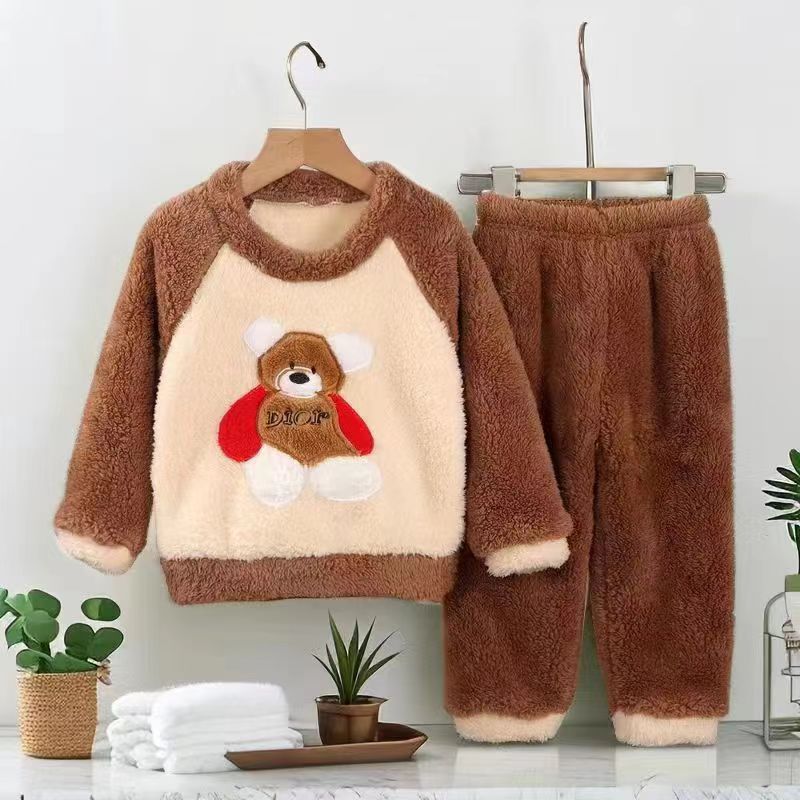 New Kidsren's Flannel Pajamas Set Autumn and Winter Boys and Girls Coral Velvet Thickeneded Home Clothes Two-piece Set