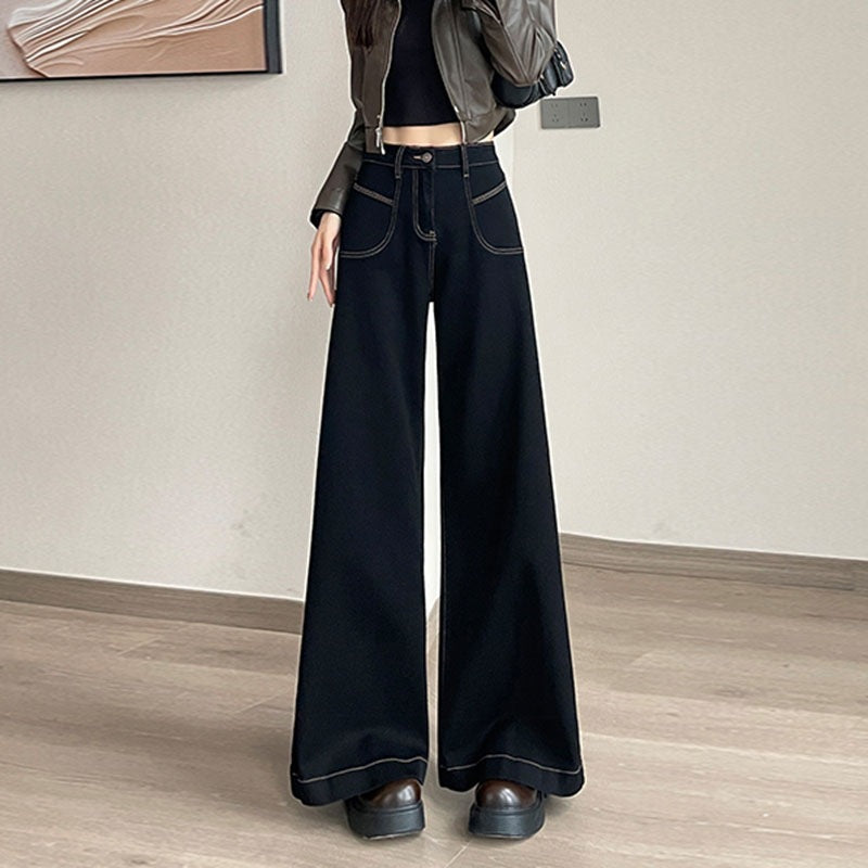 2025 New High-Waisted Black Wide-Leg Jeans for Women, Fashionable and Versatile Spring & Fall Loose Large-Flared Straight Pants