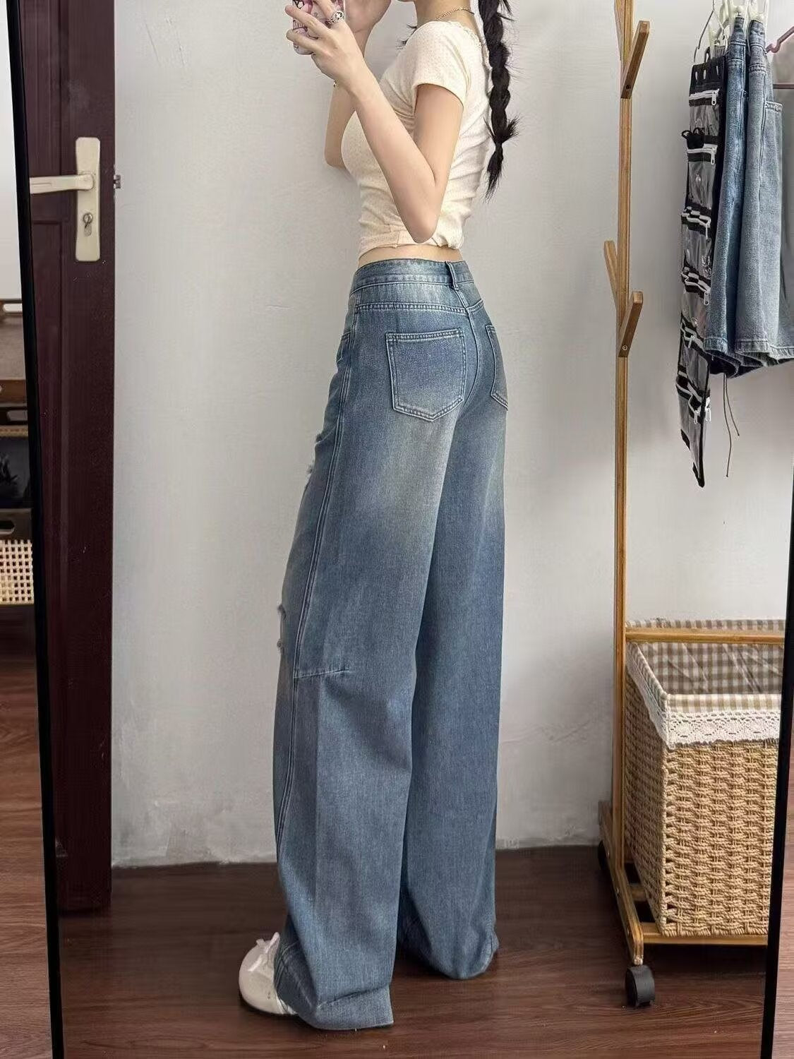 American Style Ripped Jeans for Women, Autumn New Plus-Size High-Waisted Pear-Shaped Figure Slimming Loose Wide-Leg Pants