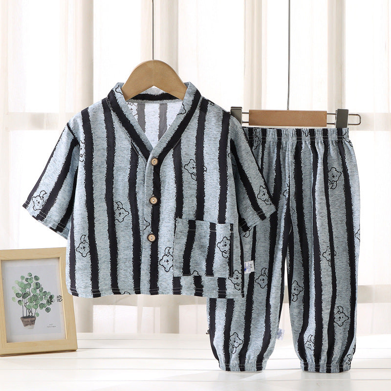 Children's Home Clothes Cotton Silk Suit Summer Boys and Girls Pajamas Artificial Cotton Two-Piece Set Cotton Silk Air-Conditioned Clothes Kidsren's Clothing