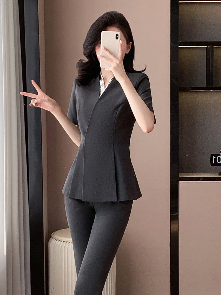 Blue Suit Jacket Women's Spring and Summer Short-sleeved Jewelry Store Front Desk Business Dress Dress Waist Tight Beauty Salon Suit suit