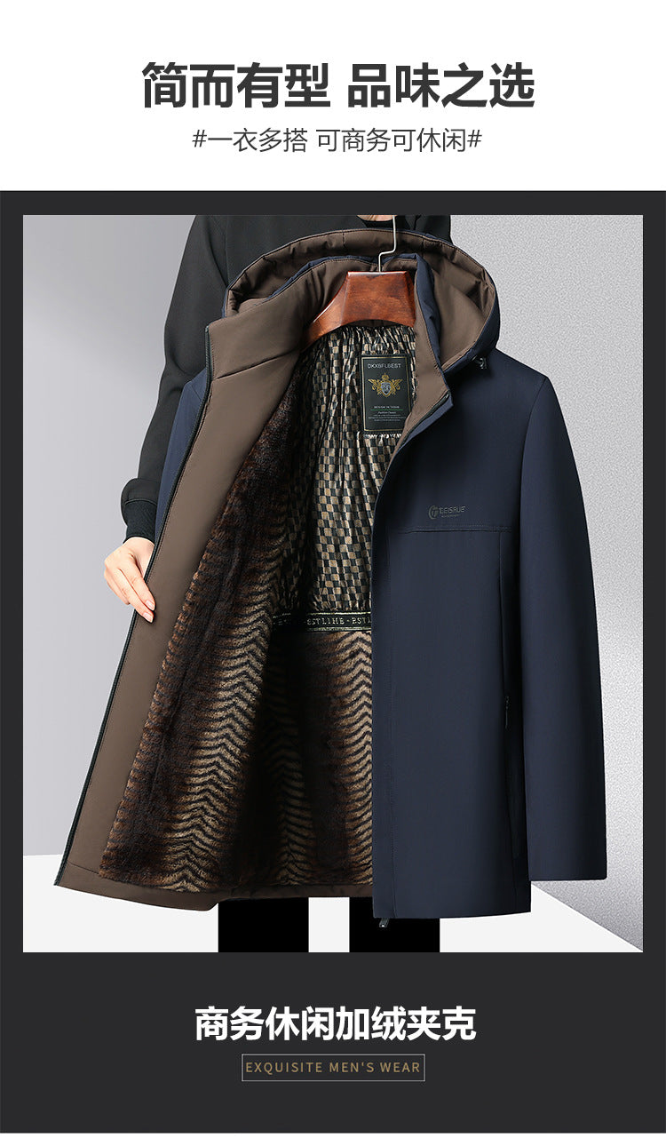 Middle-aged and elderly cotton-padded jacket 2024 winter middle-aged men's fleece-lined hooded jacket business leisure warm cotton-padded jacket
