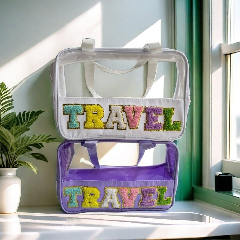Amazon Cross Border Transparent PVC Handbag Embroidered Letters Storage Bag Large Capacity Travel Wash Bag