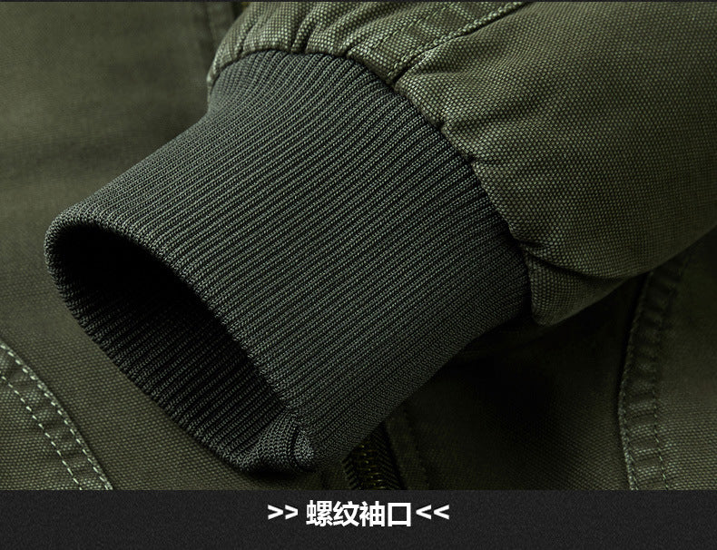 Men's Autumn and Winter Warm Fashion Fleece-Lined Bomber Jacket American-Style Workwear Hooded Cotton Coat for Warmth