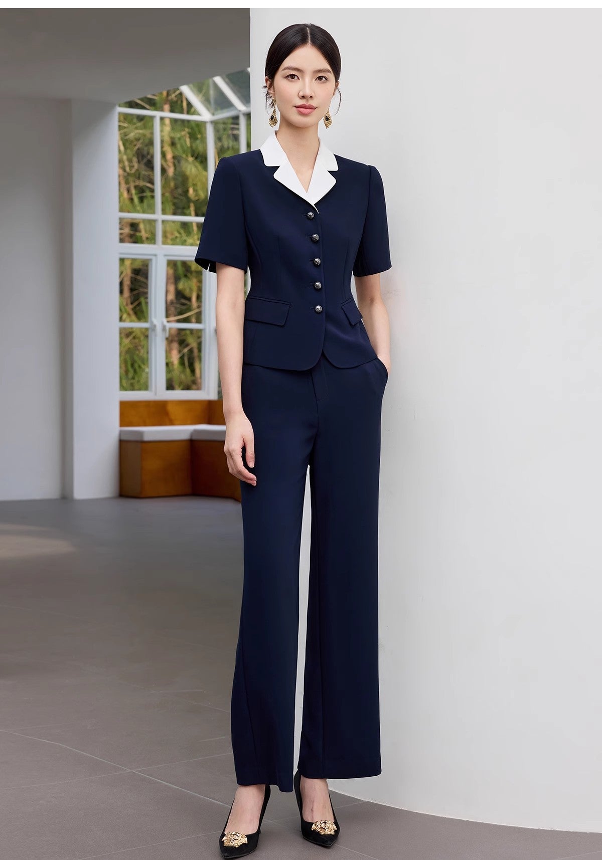 Summer New Navy Blue Short-Sleeved Professional Suit Suit Color-Blocked Suit Collar Single-Breasted Slim Slim Work Clothes