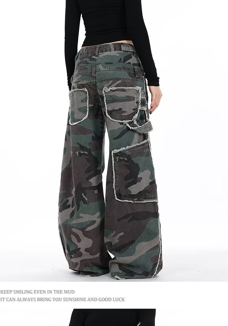 American Retro Design Double Waistband Camouflage Cargo Pants for Men and Women New Deconstructed Loose Wide-Leg Scimitar Jeans