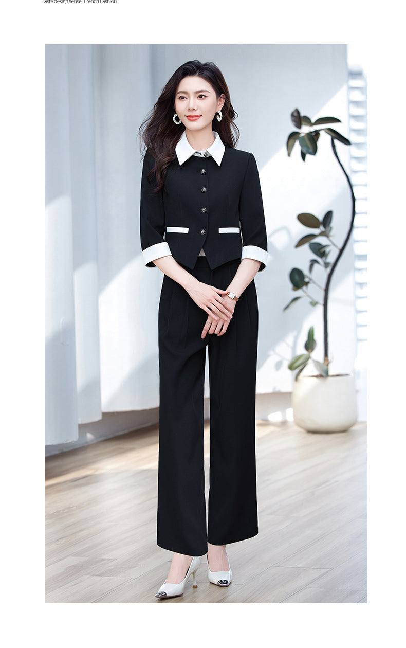 Tweed Style Splicing Jacket with Metal Buckle for Women Spring and Summer New High-End Fashion Doll Collar Elegant Three-Quarter Sleeve Suit
