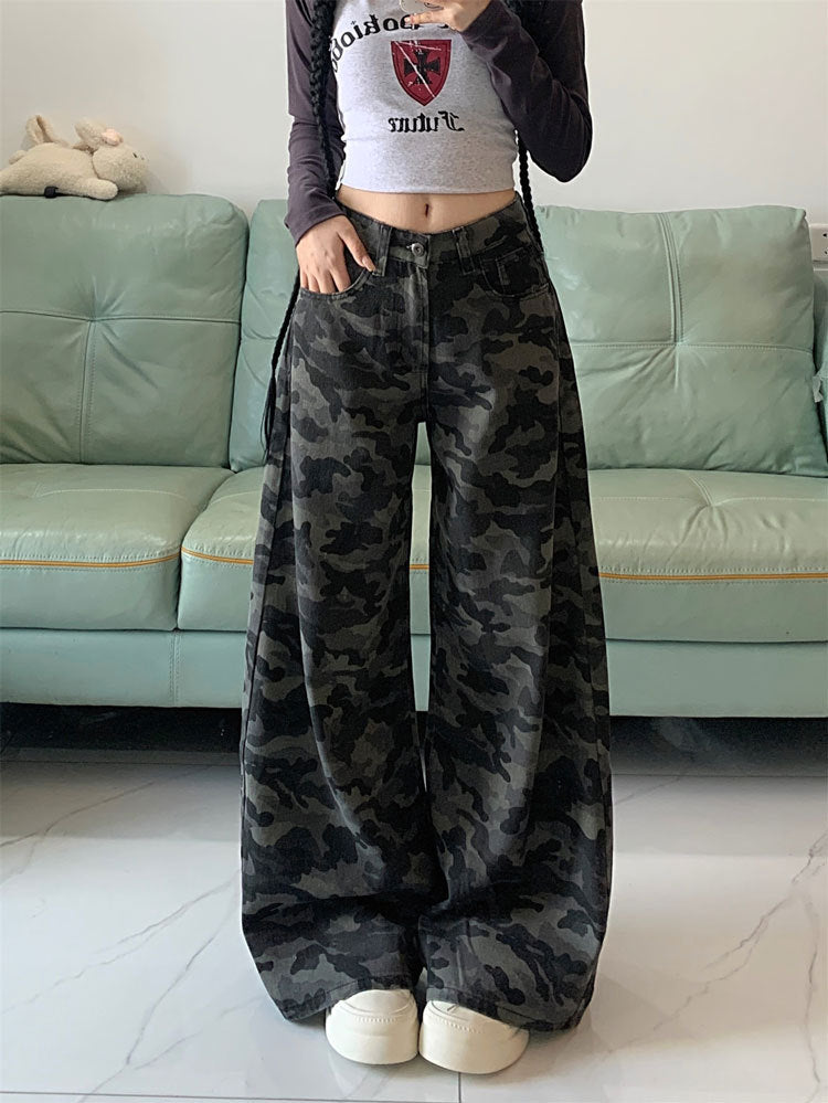 Plus Size Workwear Wide-Leg Camouflage Jeans for Women, Autumn American Style, Loose Retro Drape, Lazy Straight Pants for Chubby Women