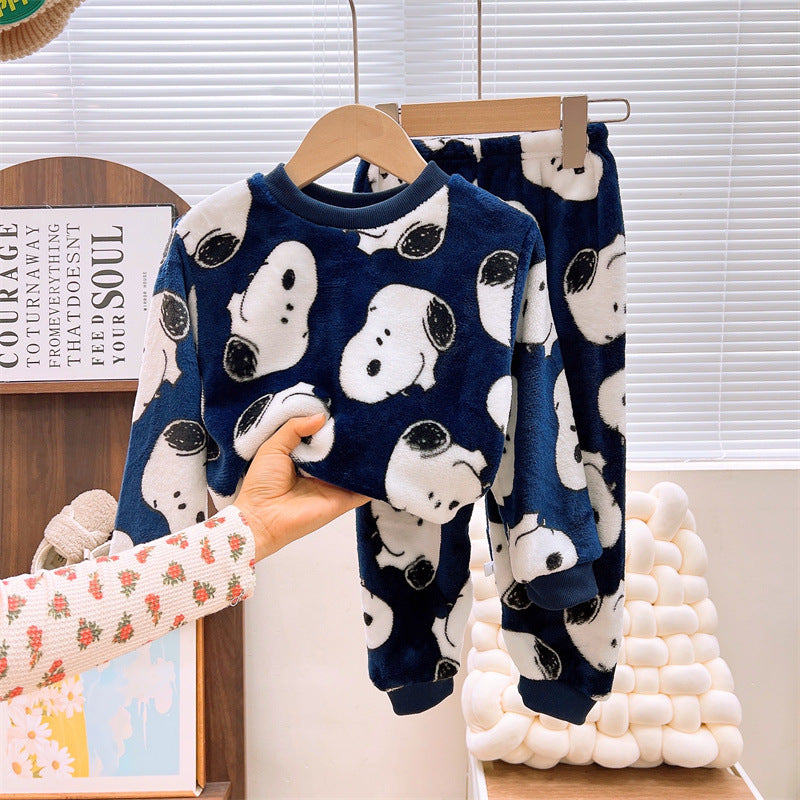 Men's and Women's Flannel Pajamas suit Autumn and Winter Middle and Big Children's Warm fleece-lined Thickened Autumn Clothes and Pants Home Clothes