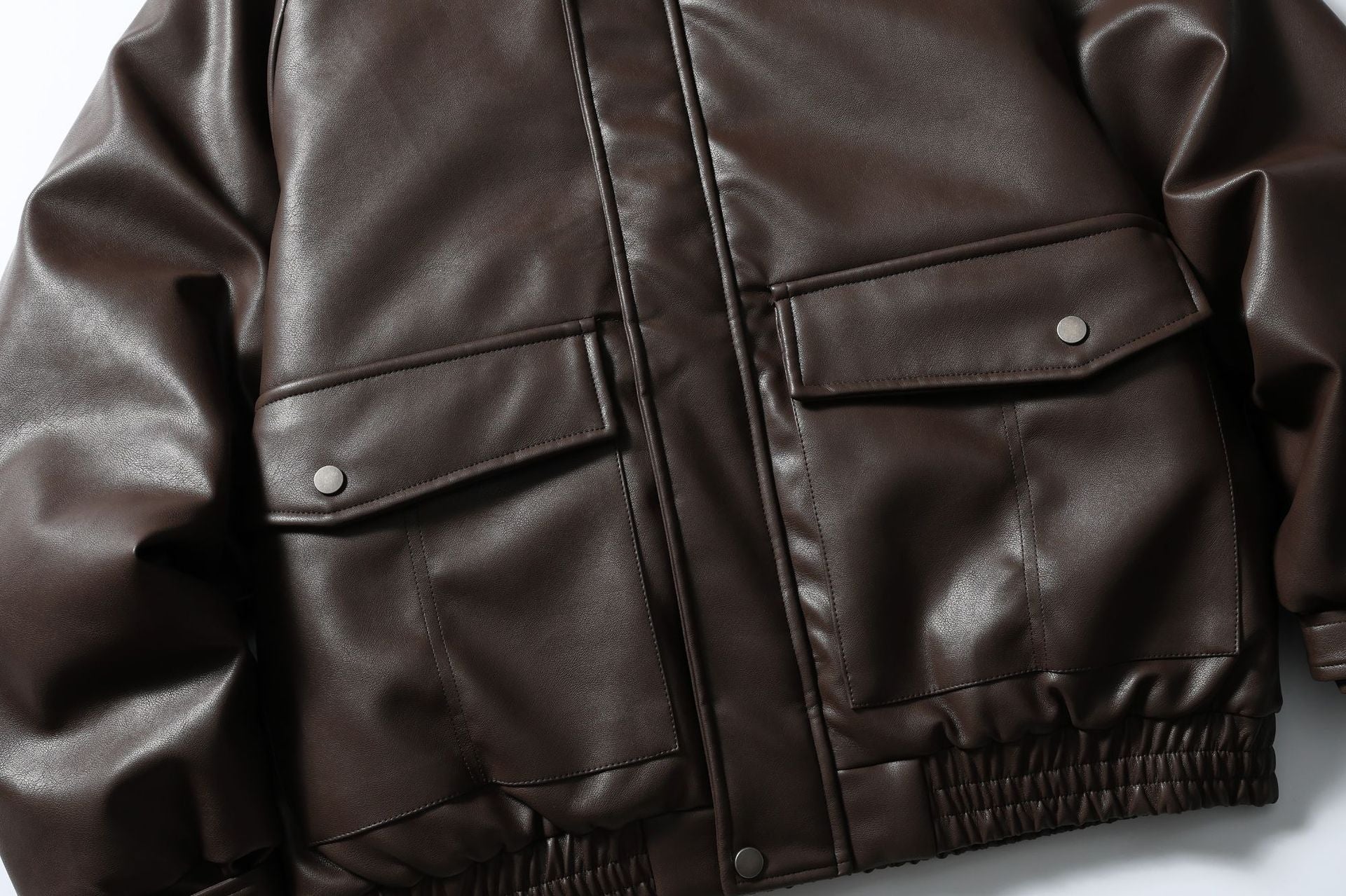 Mr. Song's Cross-Border Trendy American Retro Pu Leather Motorcycle Jacket for Men and Women, Thick Cotton Coat with Large Pockets